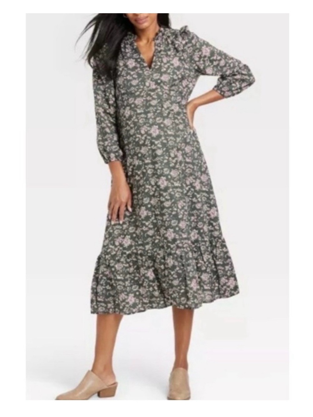 The Nines by Hatch Green Maternity Midi Dress with Pink Floral Print